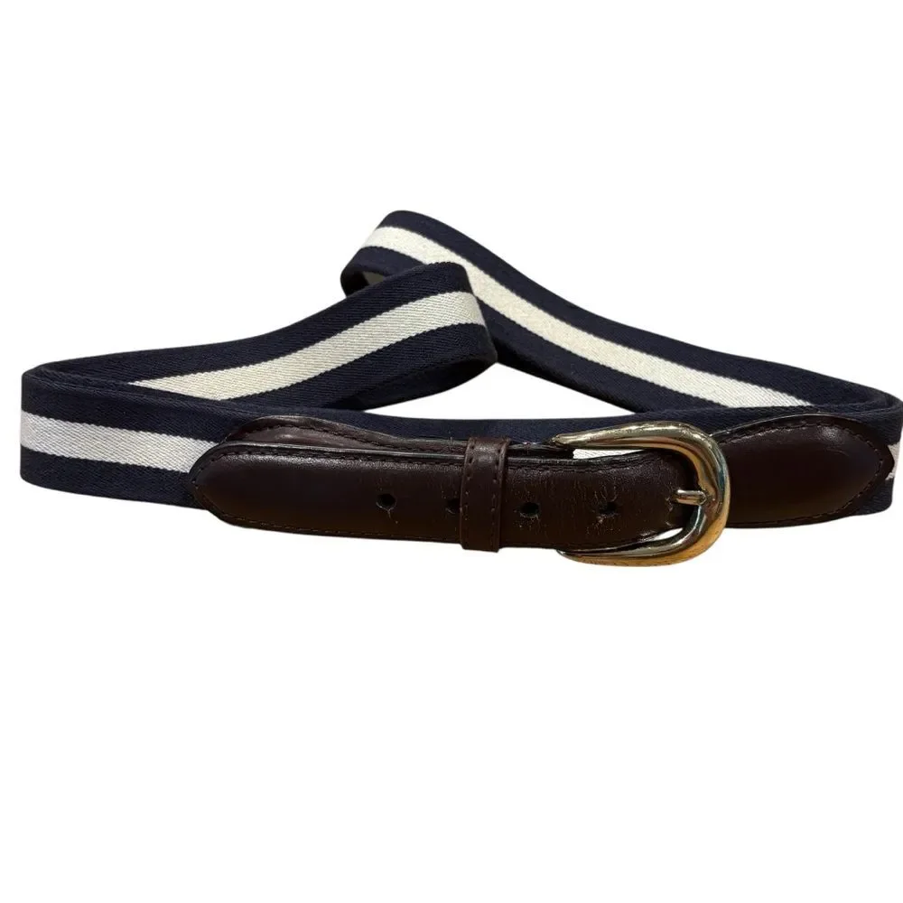 Men's Classic Stripe Navy Off-white Leather Ribbon Club Belt 42